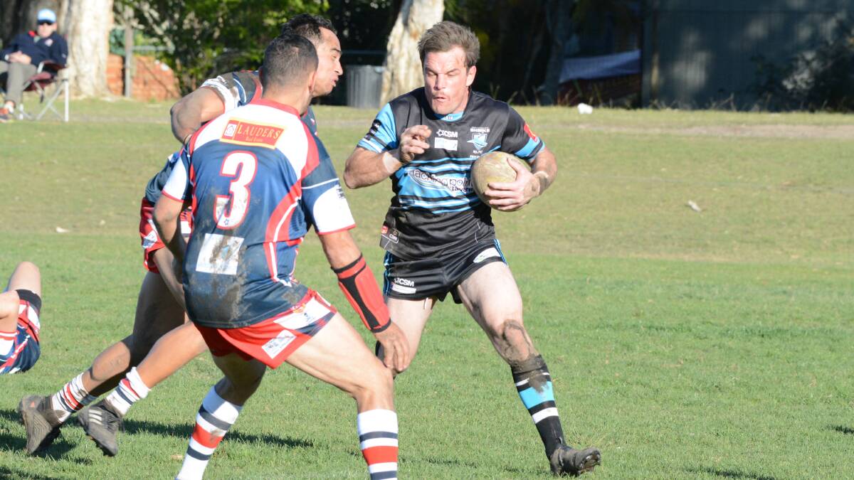 Hard yards: Port Sharks halfback Joey Cudmore takes on the Old Bar defence during Saturday's 26-point win.