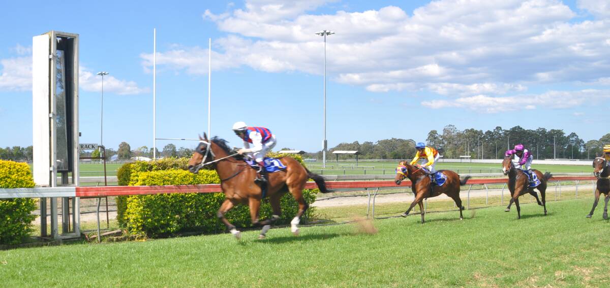 Hands and heels: Champion jockey Peter Graham rides home I Am Dynamic to claim the first race at last year's Old Boys Day meeting at Wauchope. Photo: Pete Daniels