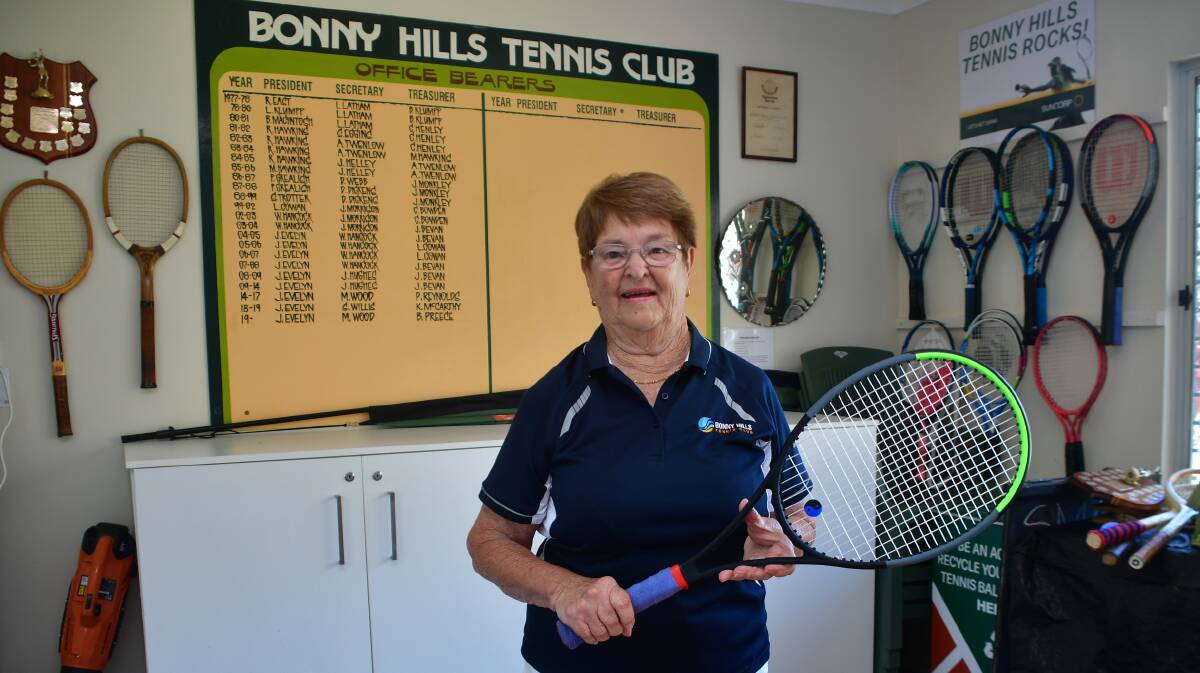 Joan Evelyn has had a 28-year involvement with Bonny Hills Tennis Club. Picture by Paul Jobber