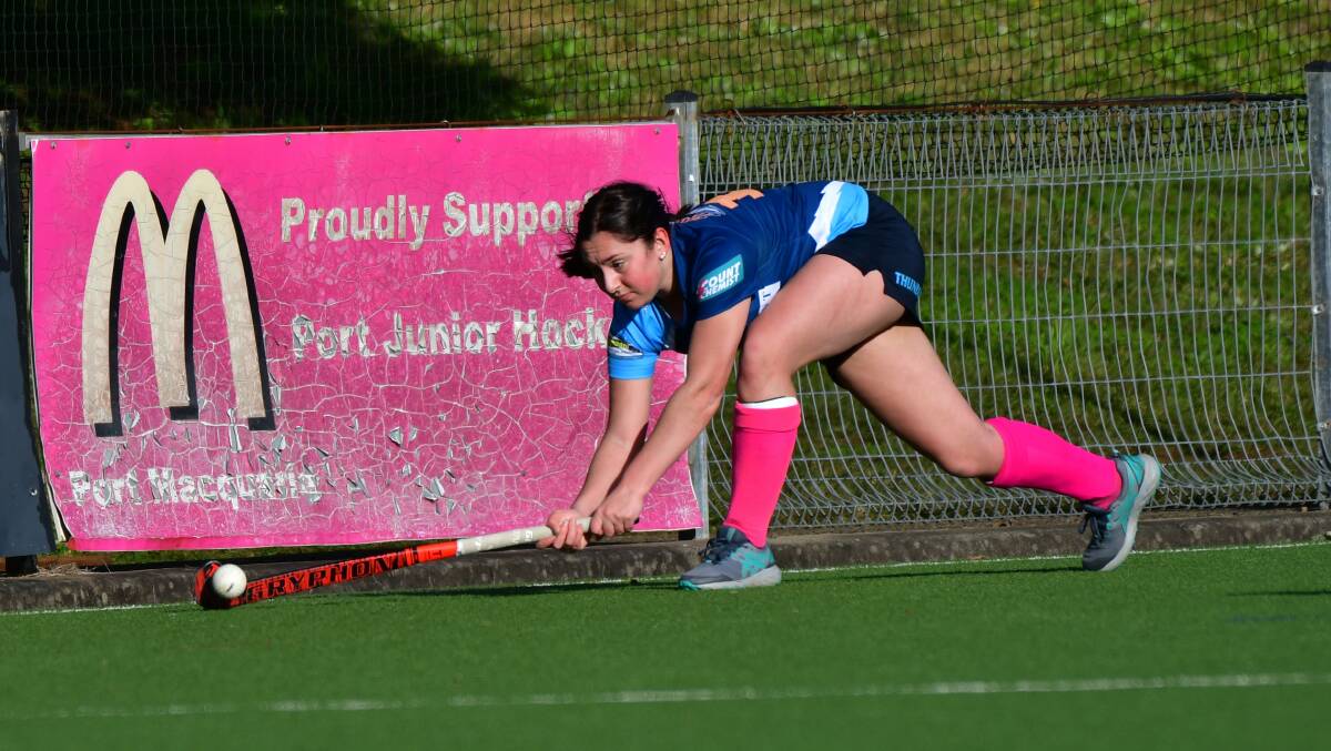 Next stage: Tacking Point Thunder Omni's Ashley Luka passes during the inaugural Mid North Coast Hockey League in 2021. Photo: Paul Jobber