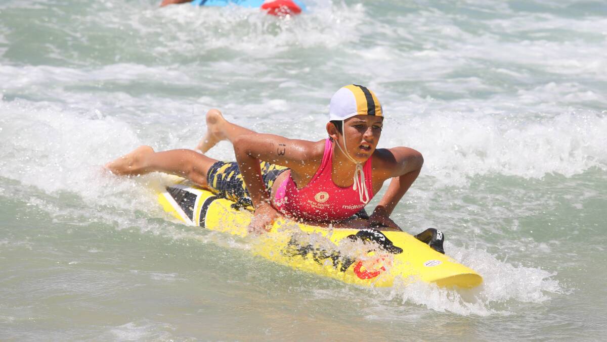 Way back in: Port Macquarie's Patrick Field in action in the under-13 board race. Photo: Surf Life Saving NSW