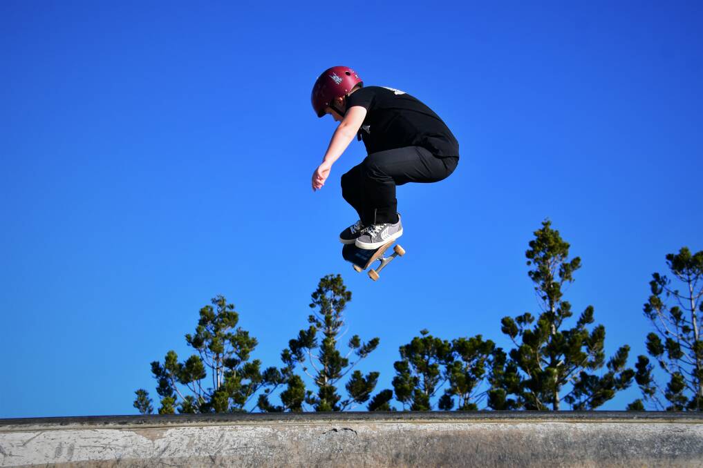 Getting air: Port Macquarie skater Rhys Evans prepares for Saturday's skateboarding section at Ride the Wave festival. Photo: Paul Jobber