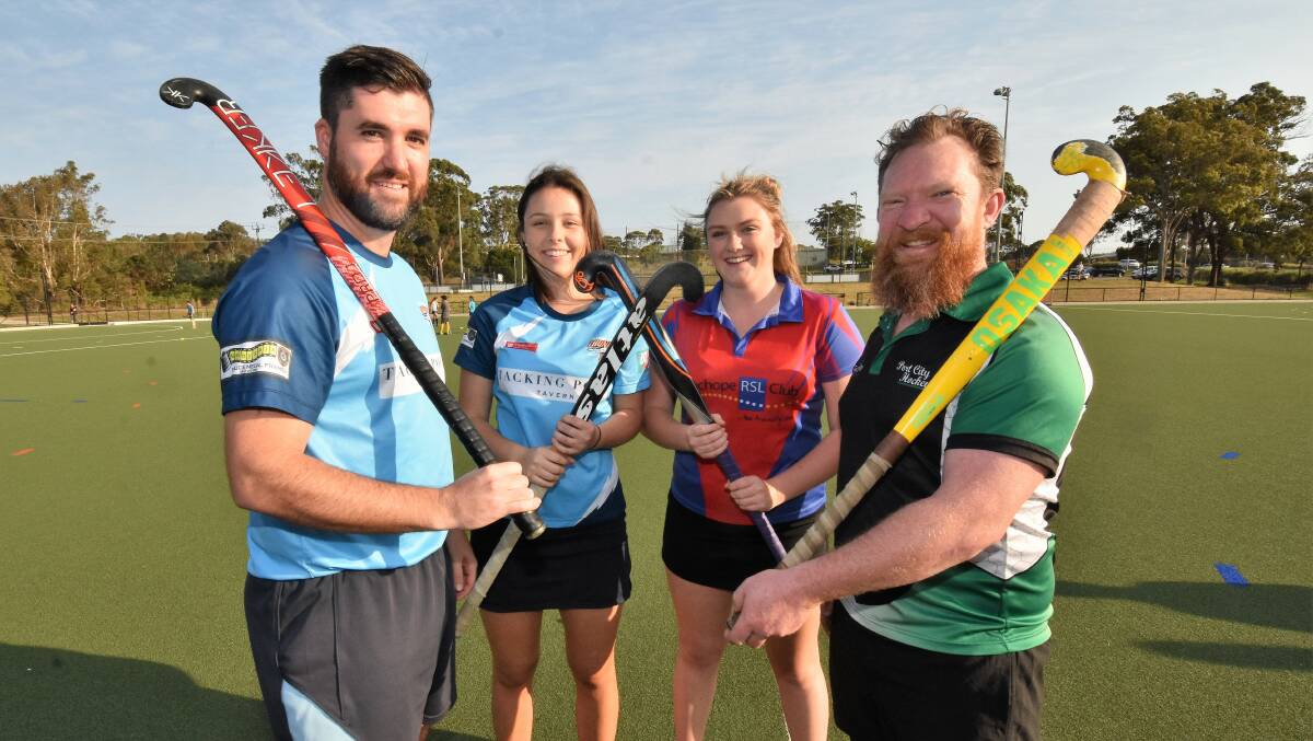 Who will it be: Haydn Alexander, Lucy Chappell, Tara Slattery and Dan Little prepare for this weekend's hockey grand finals. Photo: Paul Jobber