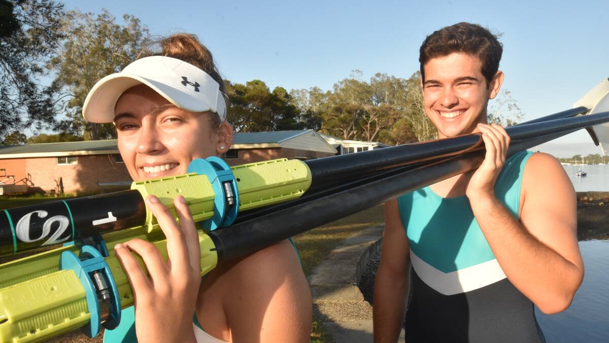 Medals are the goal: Port Macquarie Rowing Club members Amelia Stennett and Matthew Catania at this weekend's NSW Rowing Championships. Photo: Paul Jobber