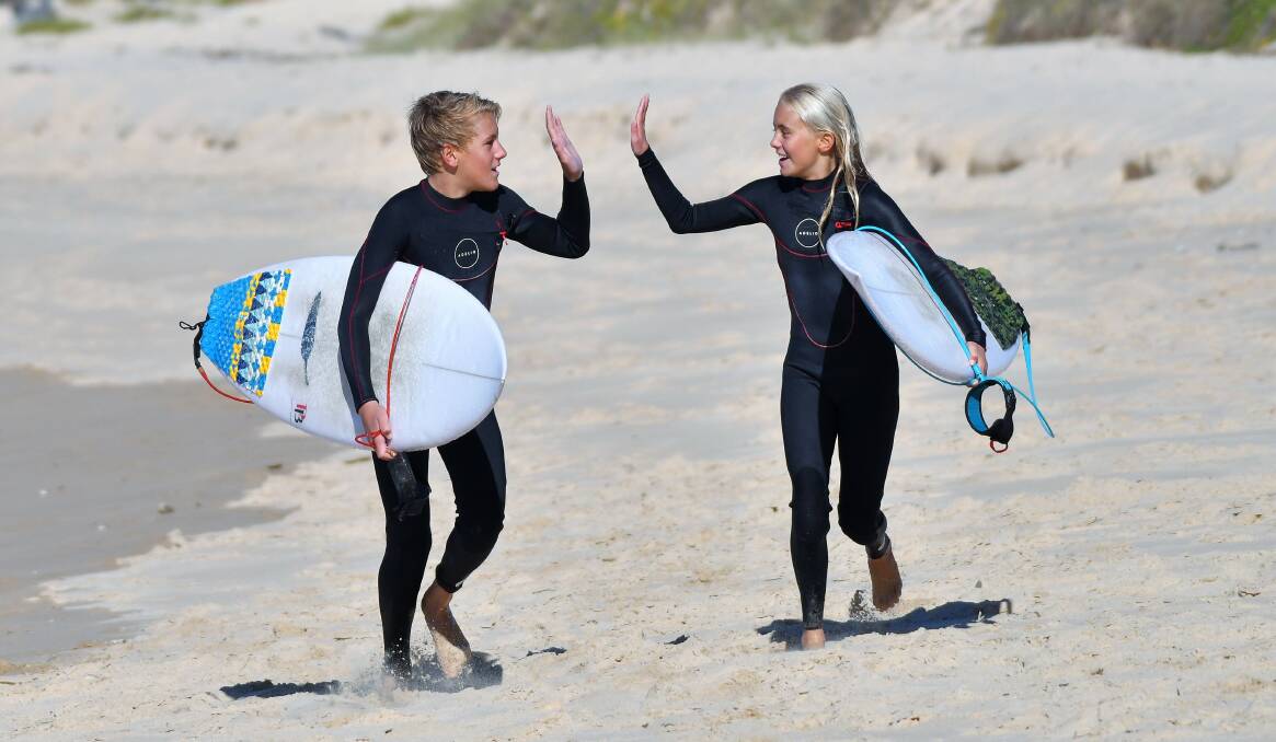 On the way: Kayle and Imojen Enfield are off to the state surfing titles. Kayle at school level and Imojen individually. Photo: Paul Jobber