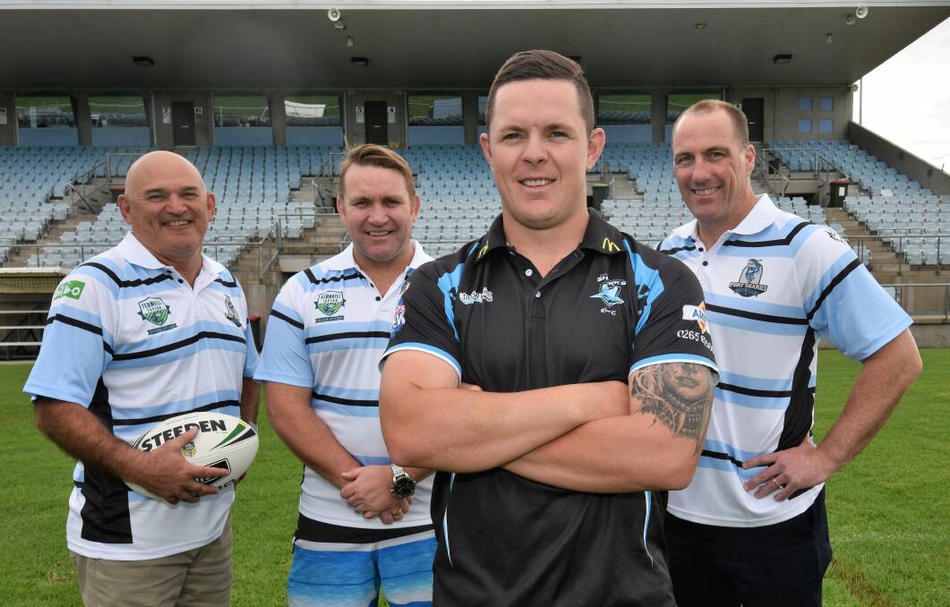 Old boys day: Sharks stalwarts Ken Spink, Anthony
Hill and Kristian Murphy (back), with current captain
Jake Hawkins (front). Photo: Paul Jobber