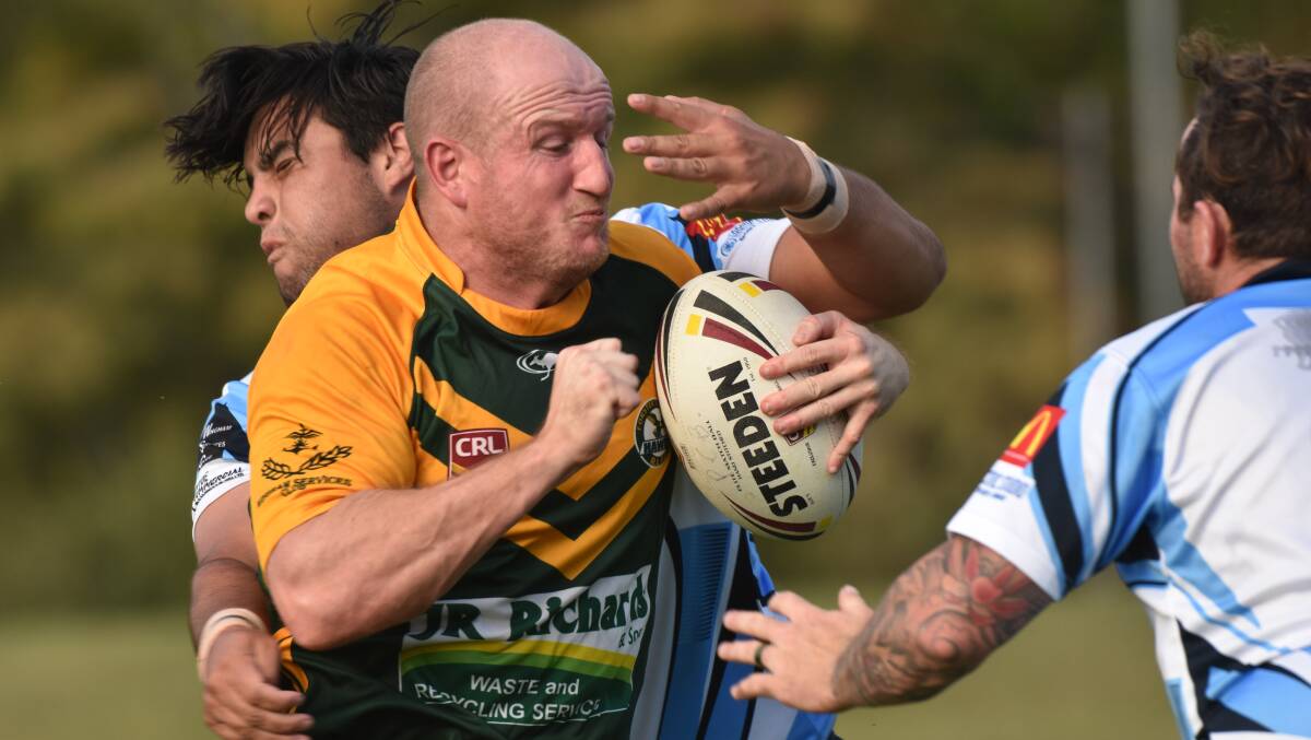 Leading the way: Forster-Tuncurry Hawk Matt Kirkland was strong up front in his side's surprise 22-16 win over the Breakers on Sunday. Photo: Paul Jobber