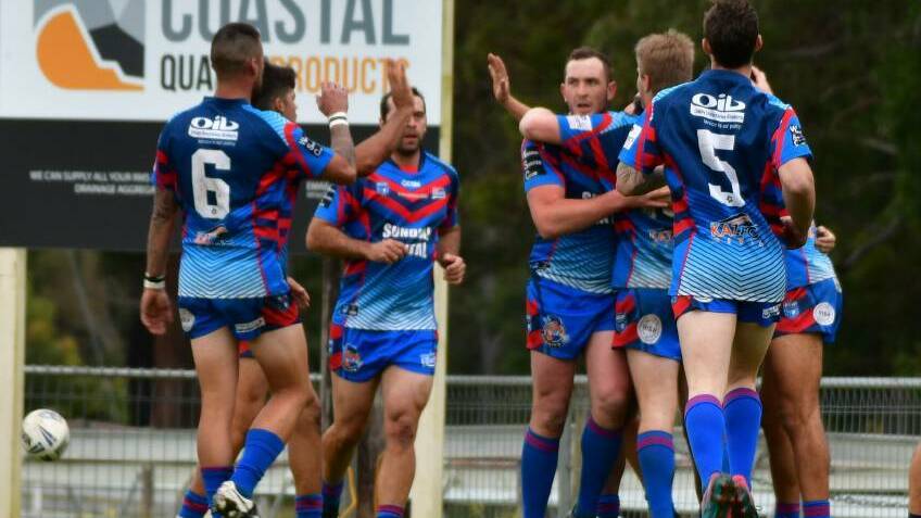 Wauchope Blues celebrate a try in the 2021 season.