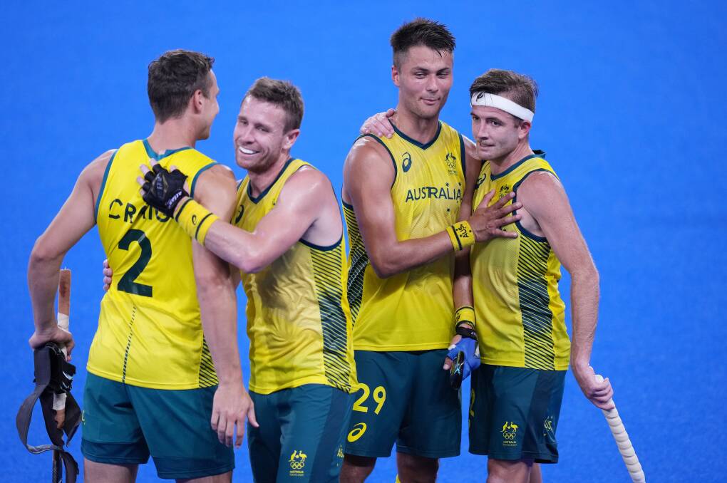 Nearly there: Australia celebrate after they defeated Germany in the men's hockey semi-final at the Tokyo 2020 Olympic Games. Photo: AAP/Joe Giddens