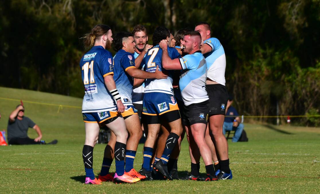 Macleay Valley and Port Sharks players scuffle during a Group 3 rugby league fixture on May 21. The fisticuffs continued in the crowd in the closing stages of the contest.