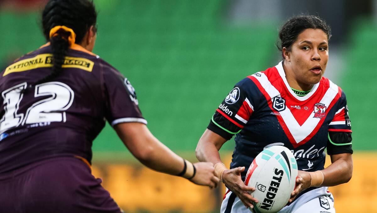 Our move: Simone Smith takes on the line during the Roosters 20-0 NRLW loss to Brisbane on Saturday. Photos: NRL Photos