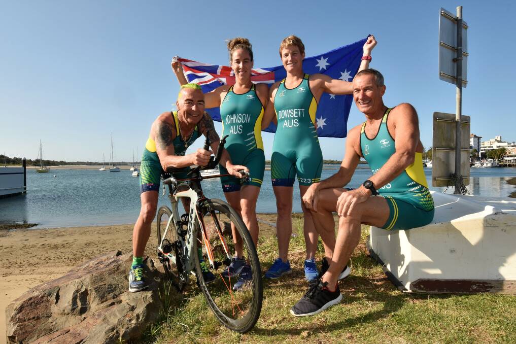 Green and gold honours: Greg Brooks, Belinda Johnson, Zoe Dowsett and Ian Thomson will head to the Gold Coast to compete at the ITU world triathlon championships. Photo: Paul Jobber