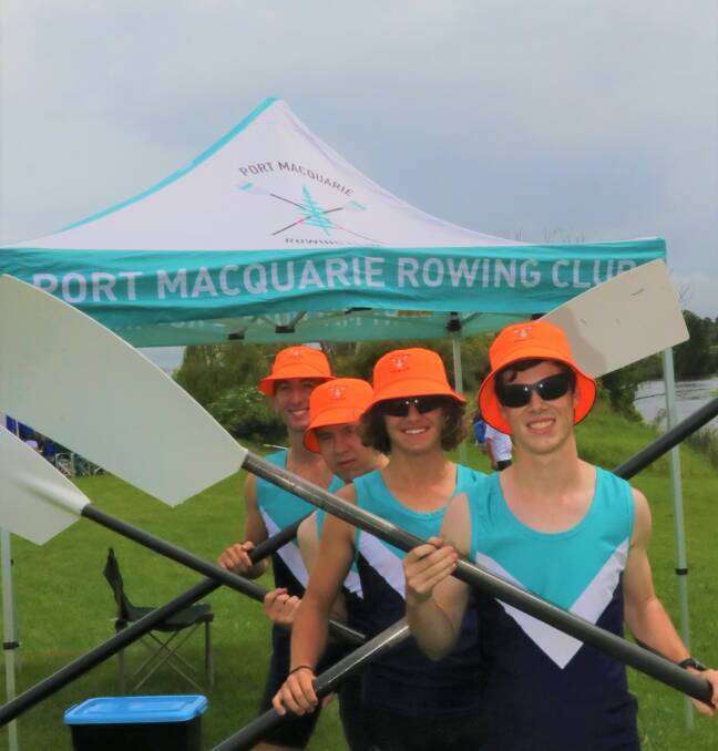 Sweeping to glory: Port Macquarie Rowing Club open quad crew of Tom Jenkins, Isaiah Chandler, Barney Bene and Michael Fraser. Photo: supplied