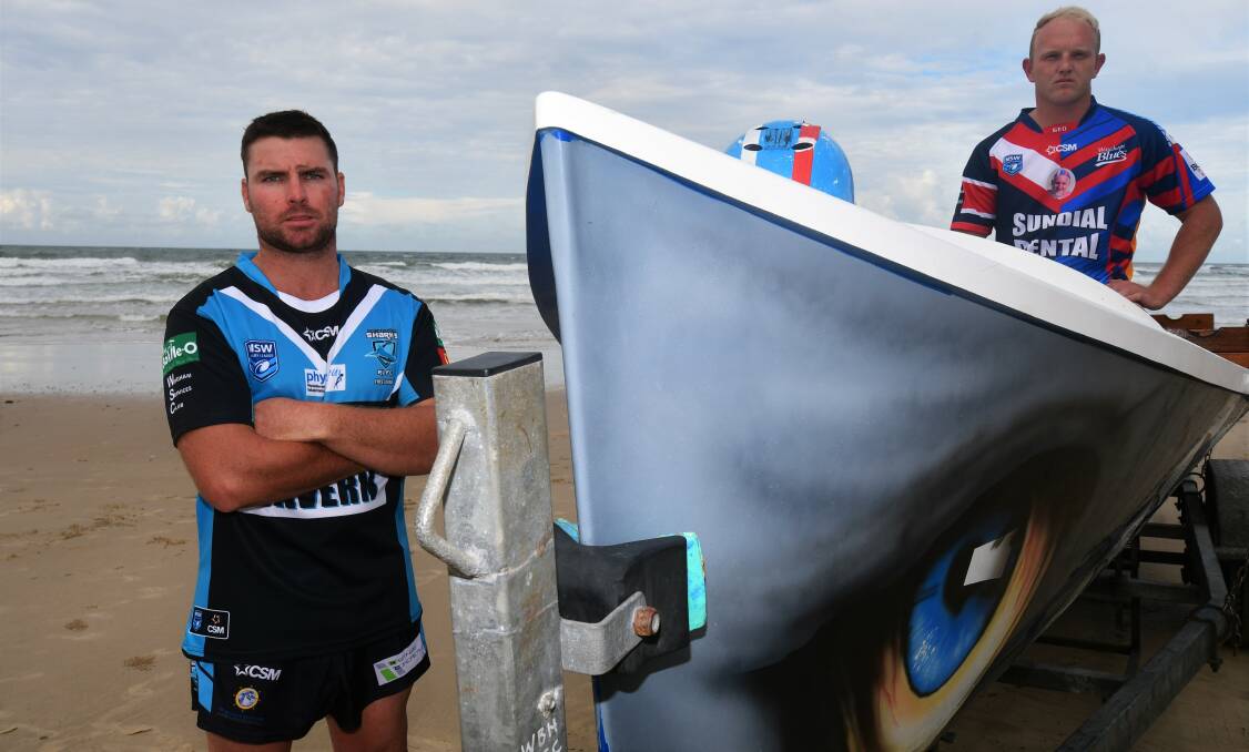 Remembering Ged: Port Macquarie Sharks lock Scott Grant and Wauchope Blues co-captain Mat Bird. Photo: Paul Jobber