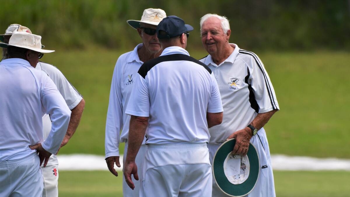 Still enjoying it: Doug Crowell (right) celebrates a wicket with his Tamworth teammates during the NSW over-70 state cricket titles in Port Macquarie. Photo: Paul Jobber