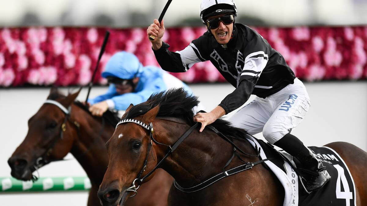 Jockey Ben Looker celebrates after riding Victorem to victory in race 4, the Hinkler Handicap, during Stradbroke Day at Eagle Farm Racecourse in Brisbane, Saturday, June 8, 2019. Photo: AAP/Albert Perez