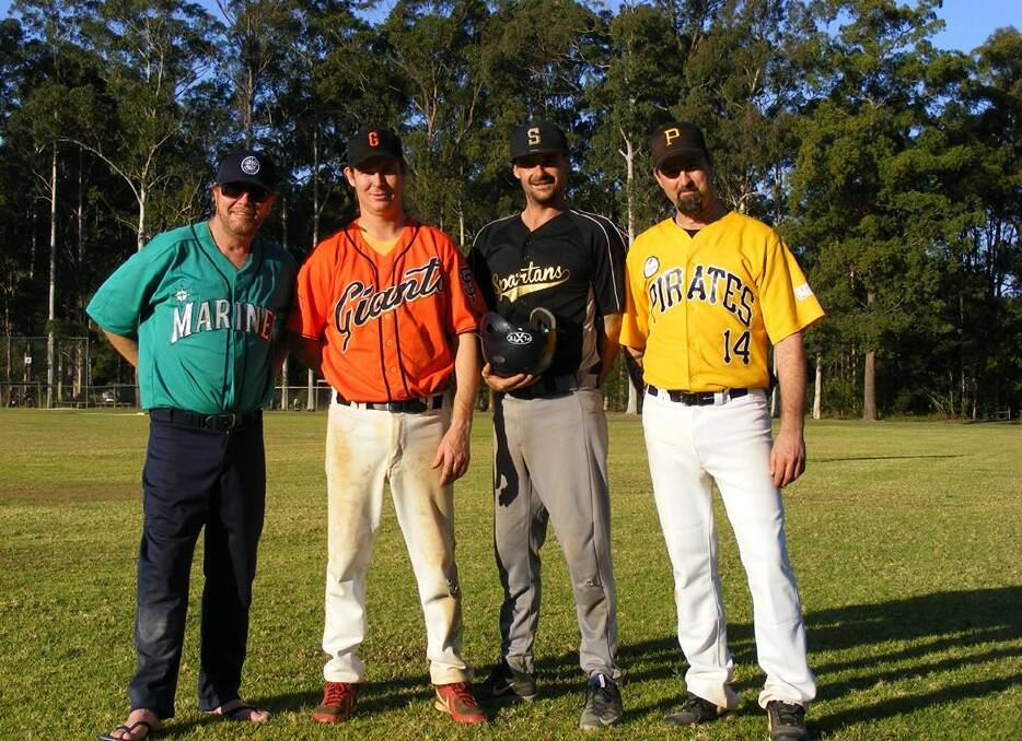 Todd Reid (Middle Rock Mariners), Adam Pelley (Wauchope Giants), Joel Green (Port Macquarie Spartans) and Brett Dubar (Hastings River Pirates) hold the hat after drought fundraising efforts. Photo: Supplied