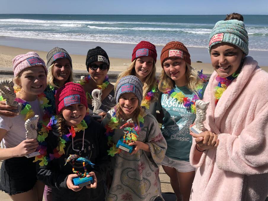 Winners: Mid North Coast Girls Surfriders winter champions (from back) Ally Knox, Loren Enfield, Donna Cook, Klaire Fallon, Halle Ford, Chelsea Beecroft with (front) Lola Styles and Avalon Enfield. Photo: supplied