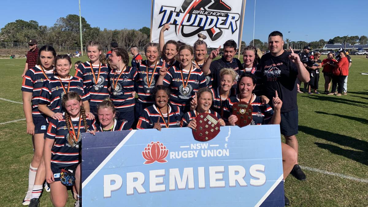 Winning feeling: Wauchope Thunder celebrate winning the Lower Mid North Coast Rugby Union women's 10-a-side grand final. Photo: Supplied