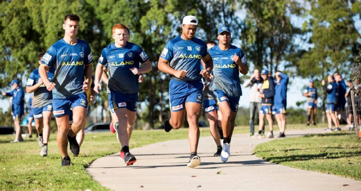 Hard at it: Harry Hanley (second from left) during pre-season training. Photo: supplied