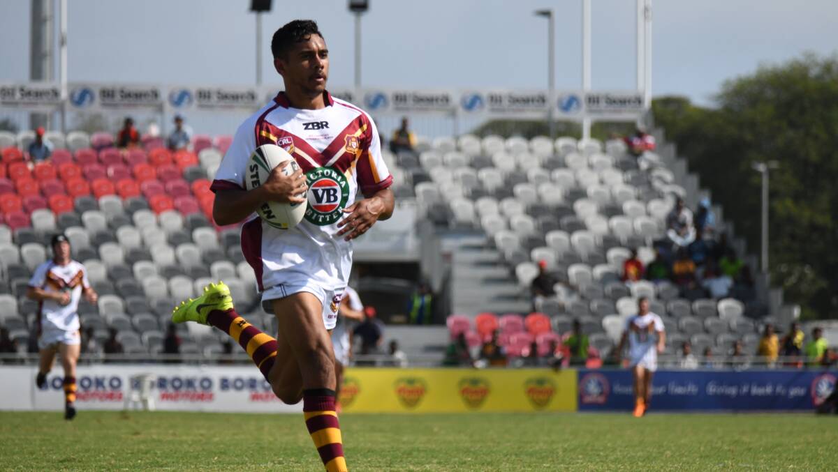 Intercept: Owen Blair sprints away to score a try for the NSW Country Under-23 representative side against the PNG Residents. Photo: Country Rugby League.