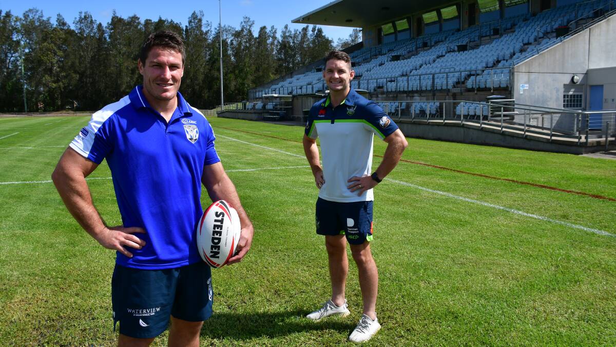 All systems go: Canterbury captain Josh Jackson with Canberra co-captain Jarrod Croker at Regional Stadium ahead of Saturday's NRL trial in Port Macquarie.