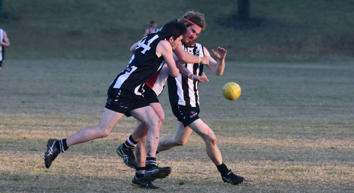 Bump: Port Macquarie Magpies overcame the red cards of Tom Marmo and Kye Taylor to account for Sawtell Toormina on Saturday. Photo: Peter Daniels