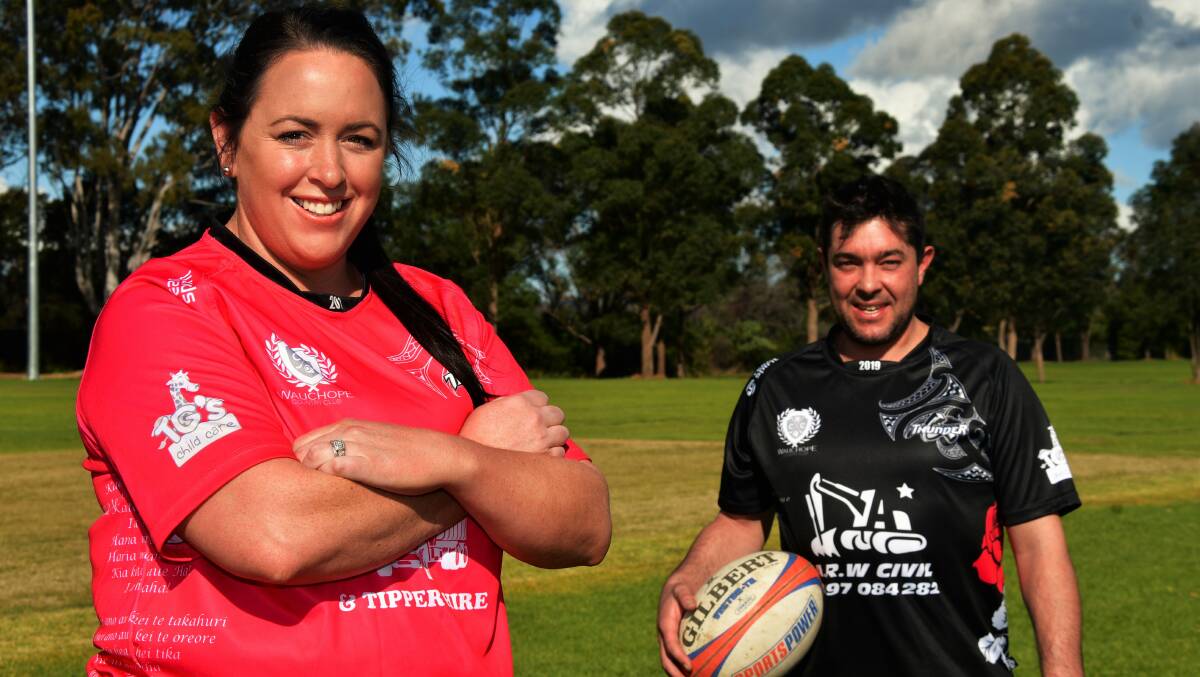 All smiles: Naomi George and Aaron Robinson ahead of Wauchope Thunder's opening-round lower Mid North Coast Rugby Union season opener. Photo: Paul Jobber