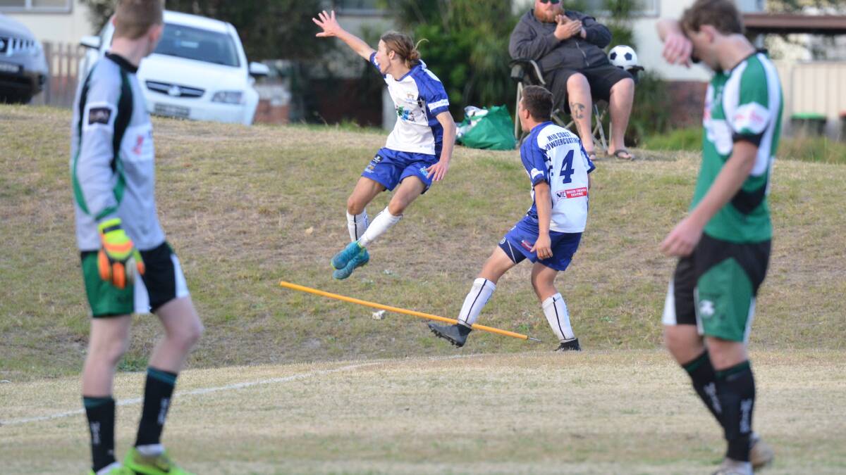 Euphoria: Sam Applegate celebrates scoring a magical extra-time goal which sent the Rangers to a grand final qualifier with Wallis Lake this Saturday. Photo: Penny Tamblyn.