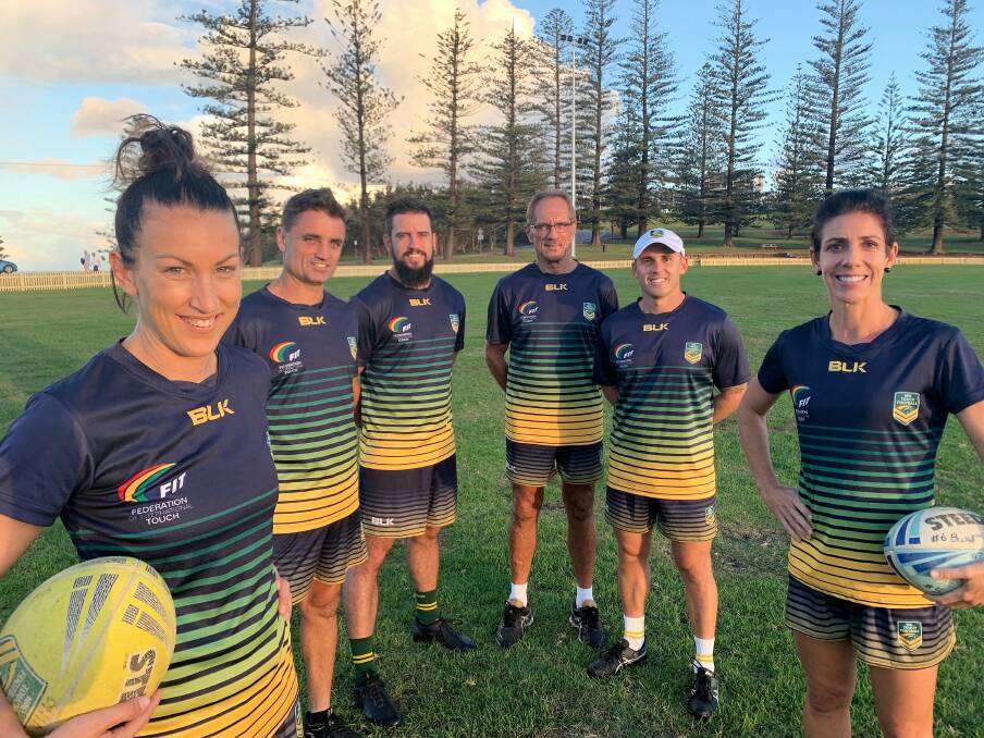 Ready to go: Tahney Luck, Wayne Gleeson, Beau Montgomery, Peter Vincent, Warren Lorger and Anna Gleeson will represent Australia at the 2019 Touch Football World Cup in Malaysia. Photo: Peter Gleeson