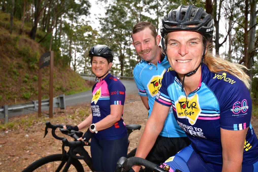 Good cause: Denise Wilson (left) and Mel Cockshutt (right) will ride Comboyne mountain nine times, while Bennett Powell will do it at least once.