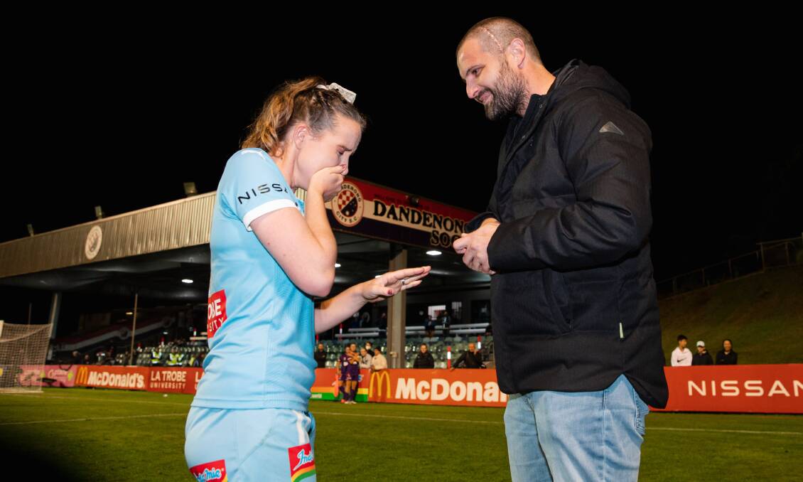 Rhali is overcome with emotion after Matt's proposal. Photo: Melbourne City media