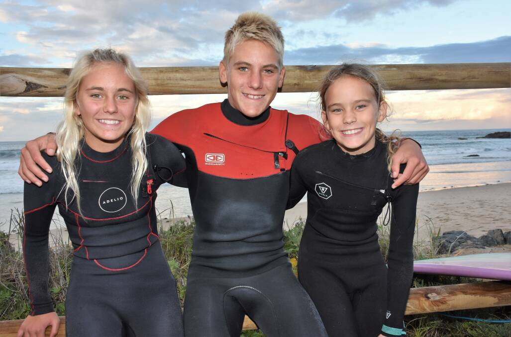 Next level: Imojen, Kayle and Avalon Enfield will head to the state surfing titles next month. Photo: Paul Jobber