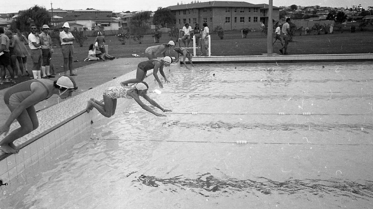 Start of the junior girls freestyle event at the High School swimming carnival, 1972