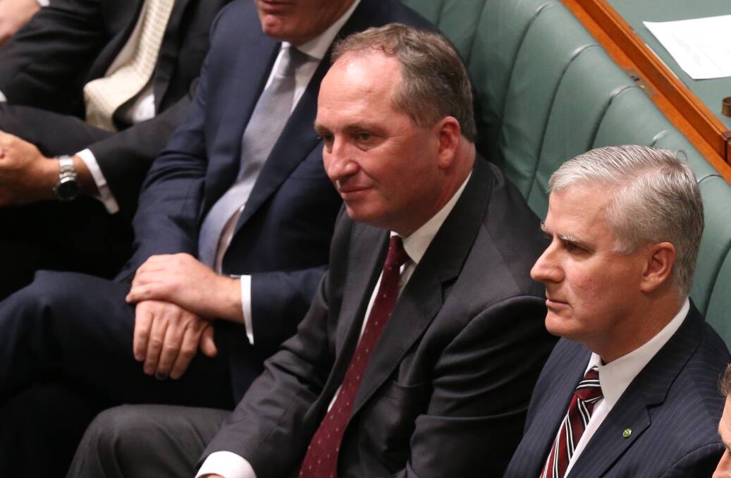 Barnaby Joyce and Michael McCormack listen to then Deputy Prime Minister Warren Truss announced his retirement from politics in 2016. Picture: Andrew Meares