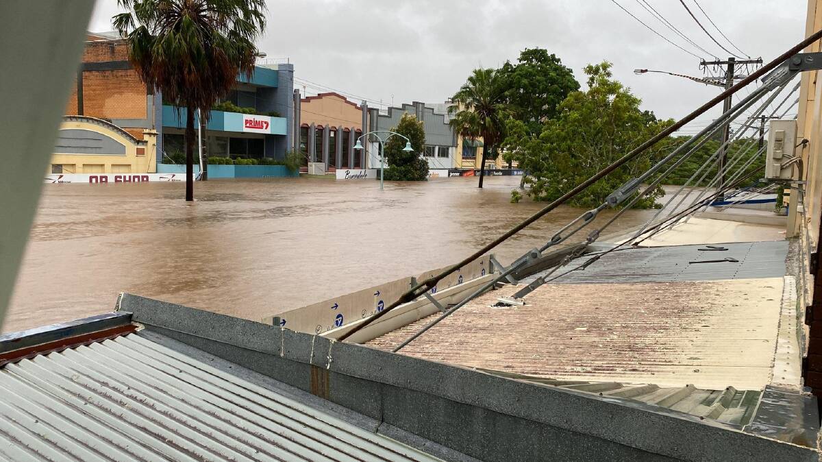 Rising floodwaters in Lismore's CBD. Pictures: Nat Hall