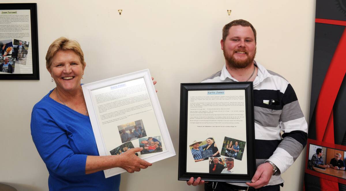 STORIES OF COURAGE: Kerry Fisher and Kurtis James’ inspiring stories now hang on the wall for all to see at the Mid North Coast Brain Injury Rehabilitation Service. 