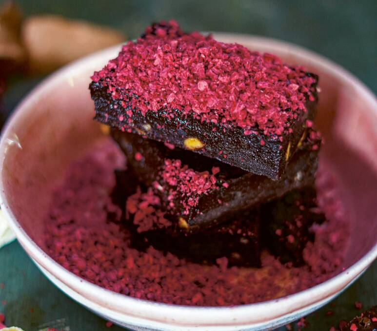 One-cup triple-choc brownies with raspberry salt. Picture: Katrina Meynink