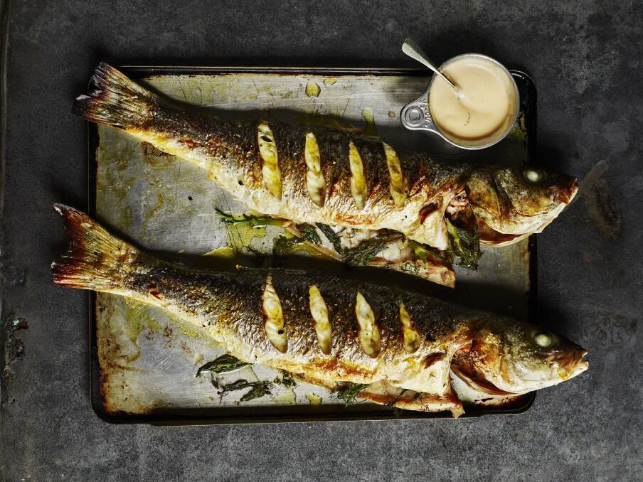 Barbecued whole sea bass with fennel mayonnaise. Picture: James Murphy