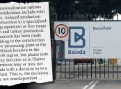The entrance to the Baiada poultry plant at Beresfield and, inset, an extract from the company letter to contracted farmers.
