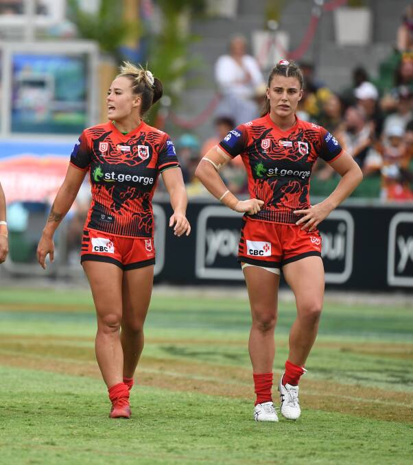 QUITE THE DUO: Isabelle Kelly and Jess Sergis will form a dynamic centre pairing for the Dragons this NRLW season. Picture: NRL Imagery