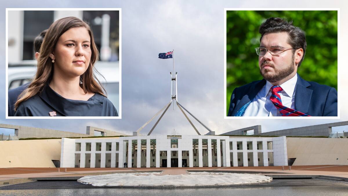 Parliament House, where Bruce Lehrmann, inset right, allegedly raped Brittany Higgins, inset left. Pictures by Keegan Carroll, Karleen Minney