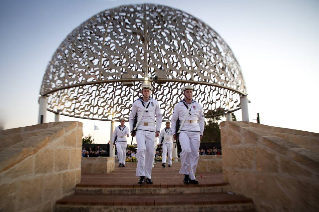 The catafalque party dismounts at the completion of a commemoration ceremony in WA to mark the 80th anniversary of the sinking of HMAS Sydney II. Picture: RAN
