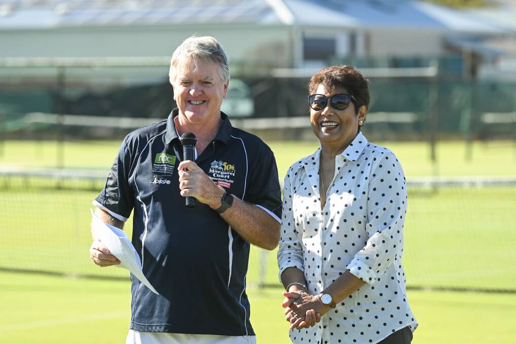 Margaret Court Cup tournament director Phil Shanahan and Nill Kyrgios have a chuckle during Thurday's opening ceremony at the Albury grasscourts.