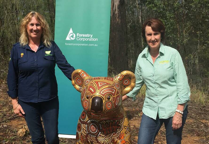 AN EXCITING MOMENT: Forestry Corporation's Kathy Lyons and Port Macquarie MP Leslie Williams with the ambassador of the project 'Gulla'. 
