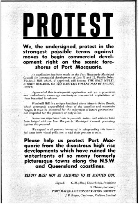 A full-page advertisement in the Port Macquarie News by the Port Macquarie Conservation Society.