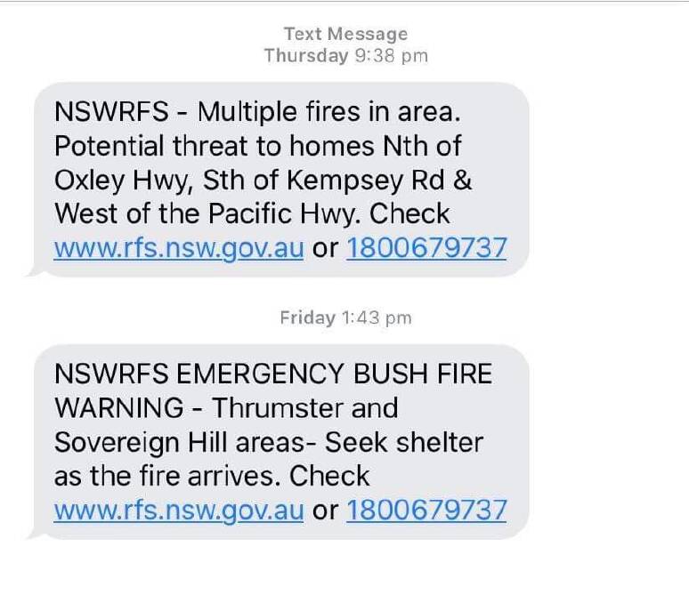 NSW RFS emergency alerts on the days McDonald's workers were told they could not evacuate. Photo: supplied