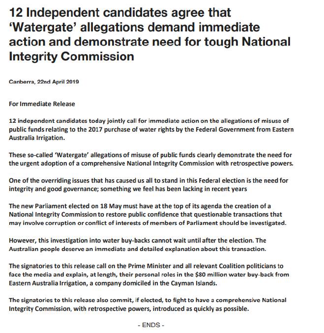 A media release signed by 12 Independent candidates on water. PHOTO: supplied