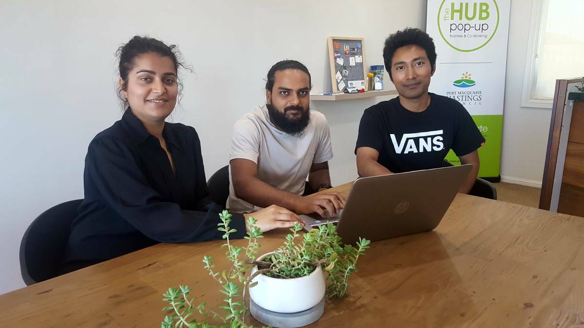  TECH HELP: Akansha Verma, Ayub Alam Khan and Sanjay Maharjan are three international students who participated in the hackathon. PHOTO: Laura Telford.