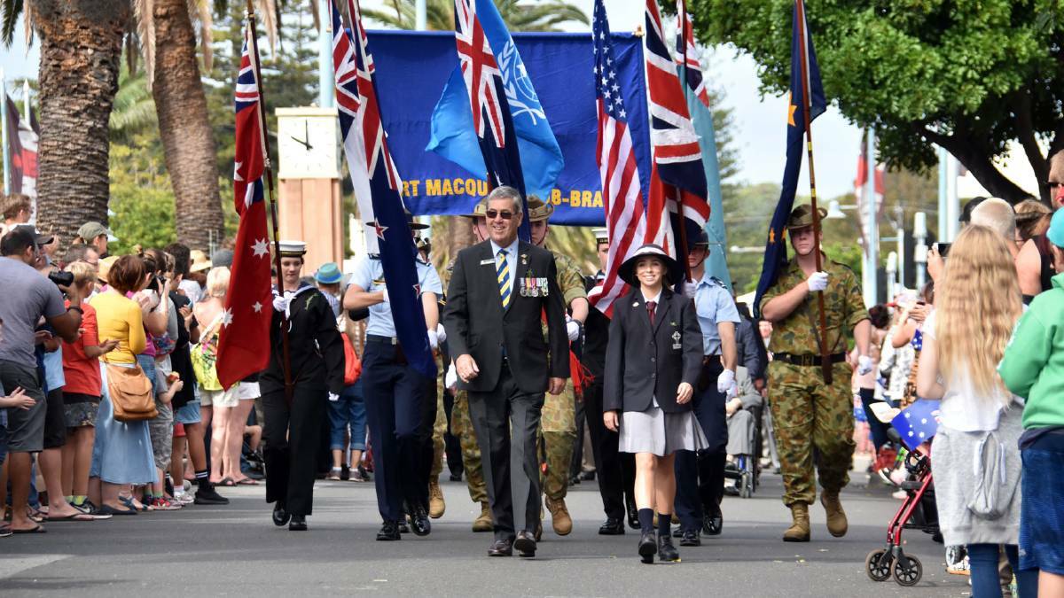 Port Macquarie RSL sub branch president Greg Laird leading the 2017 Anzac Day march.